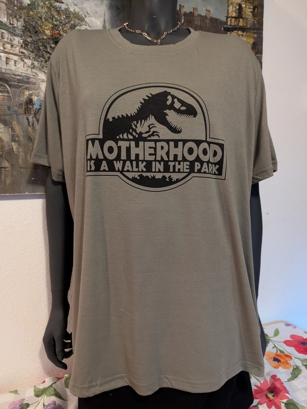 Motherhood Is a Walk in the Park Graphic Tee - Olive Green